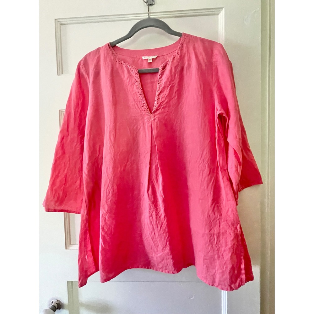 Eileen Fisher 100% Irish Linen Coral Tunic Blouse Medium Beaded V Neck
